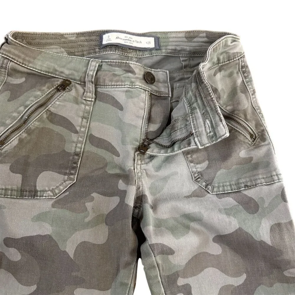 Abercrombie & Fitch Women's Camo Skinny Moto Jeans Size 0 Ankle Zippers